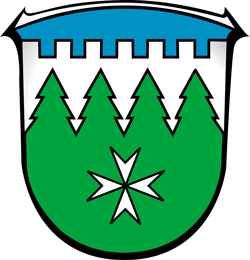 Das Bild zeigt das Wappen der Gemeinde Burgwald
Das Wappen zeigt unter blauem Zinnenschildhaupt zu sieben Zinnen im von Silber und Grn im Tannenschnitt zu vier Spitzen mit je zwei sten geteilten Schild unten ein silbernes Johanniterkreuz.